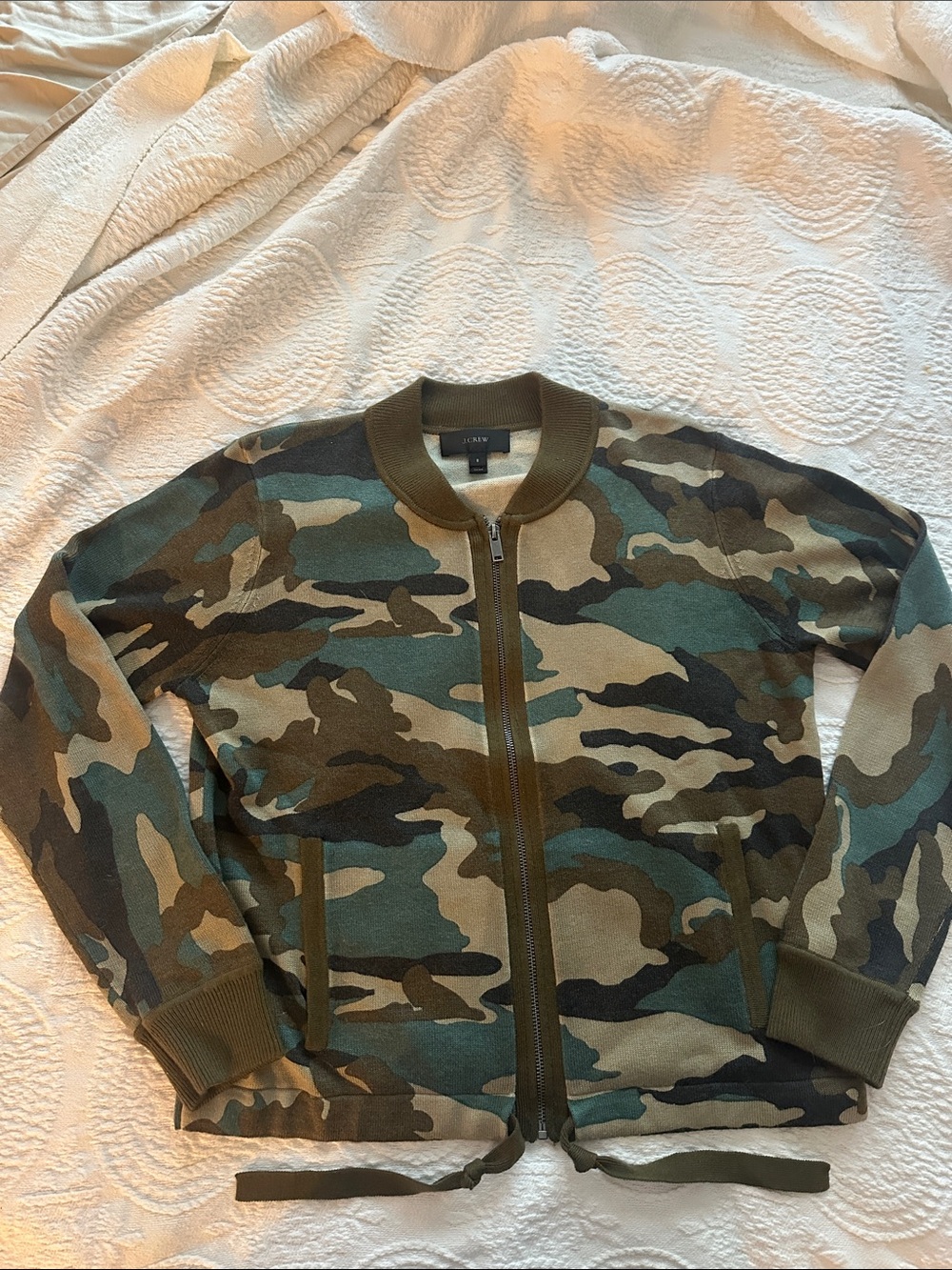 J. Crew Camo Zip-Front Bomber Sweater in Green & Brown